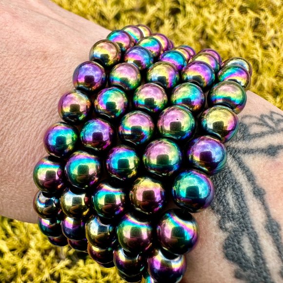 **SOLD**8mm Colorful Aura Hematite Beaded Bracelet - Picture 3 of 6